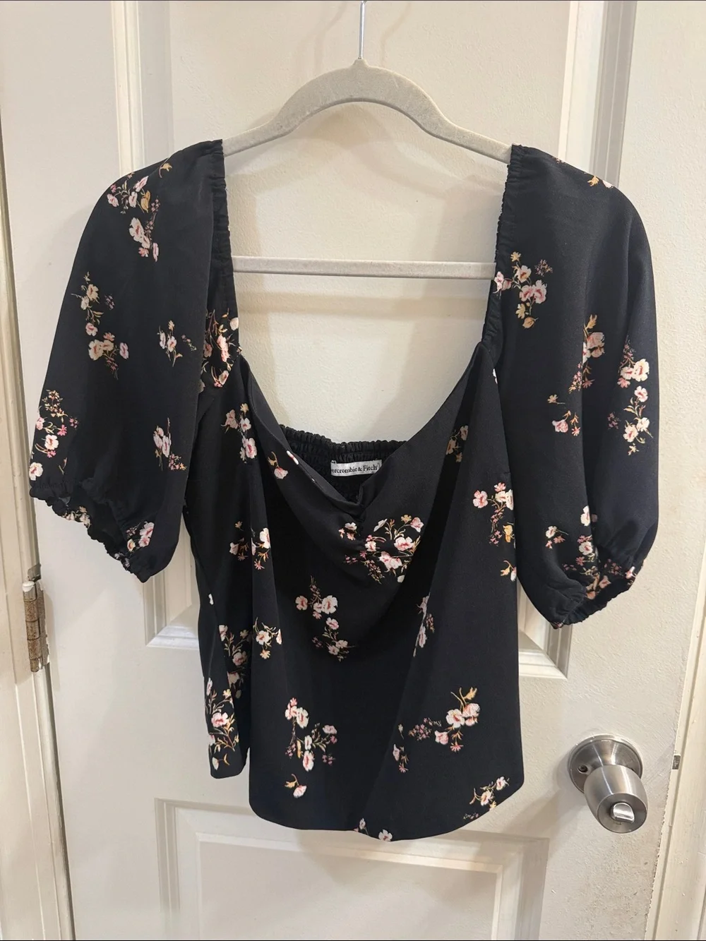 Abercrombie & Fitch Black Floral Cowl Neck Puff Sleeve Blouse